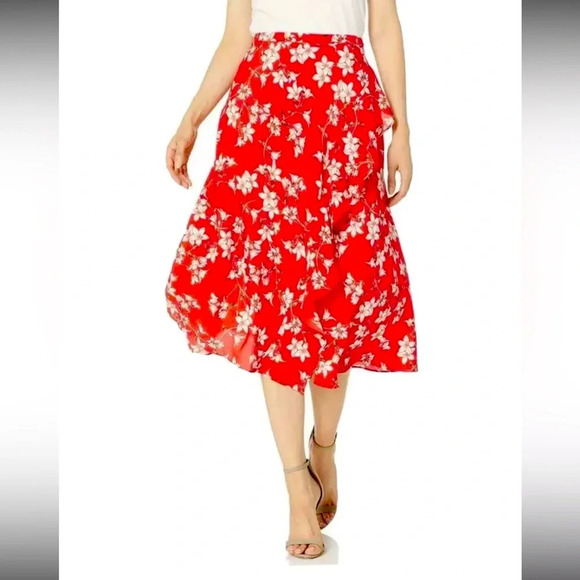 Nwt floral red Calvin Klein ruffle skirt $99 18 W boho ruffle spring dressy